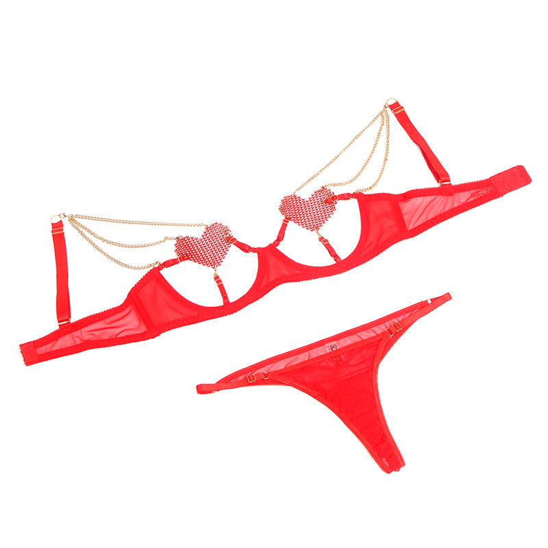 Red Heart Mesh Bra Set with Chains S/M