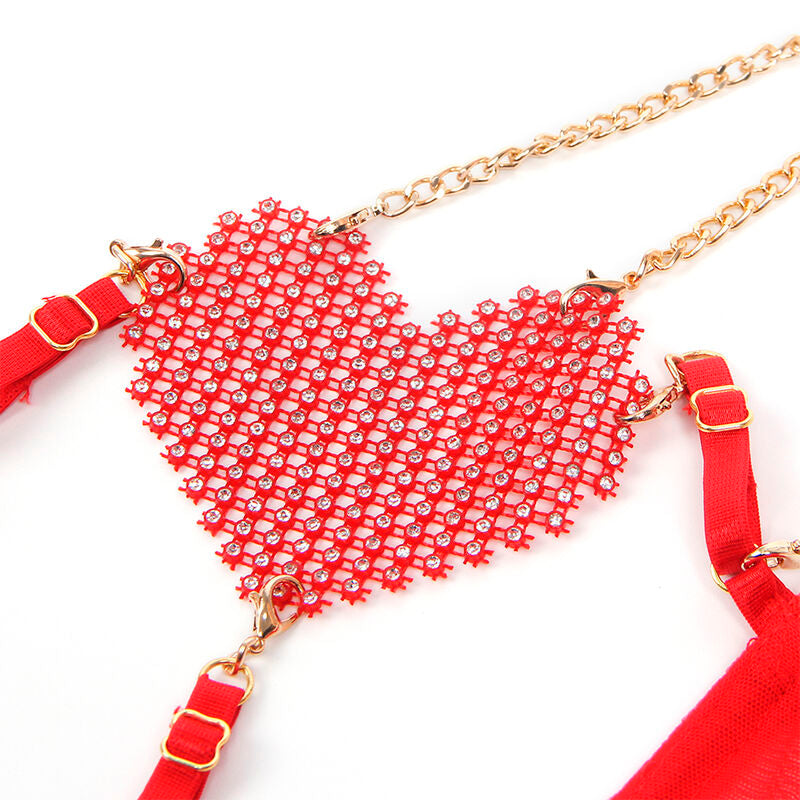 Red Heart Mesh Bra Set with Chains S/M