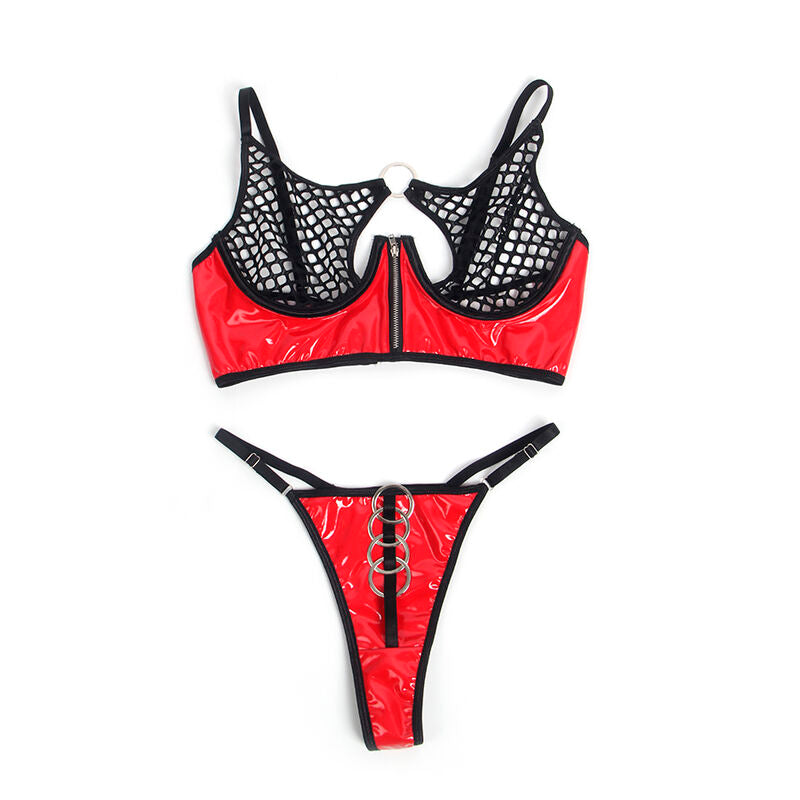 Red Patent Leather Mesh Zipper Bra Set