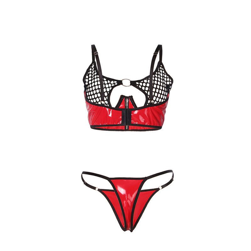 Red Patent Leather Mesh Zipper Bra Set