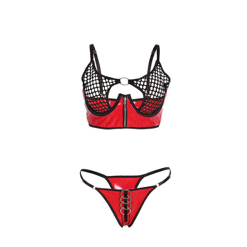 Red Patent Leather Mesh Zipper Bra Set