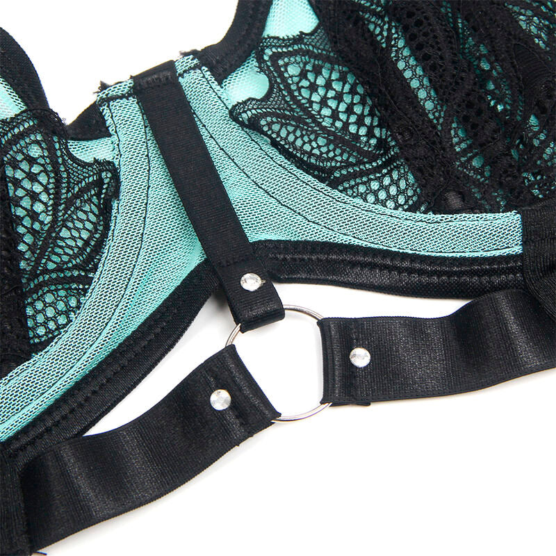 Conjunto de Sujetador con Cremallera de Cuero de Charol Verde y Malla