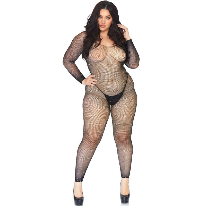 Body Stocking de Malla Cristalizada en Talla Grande