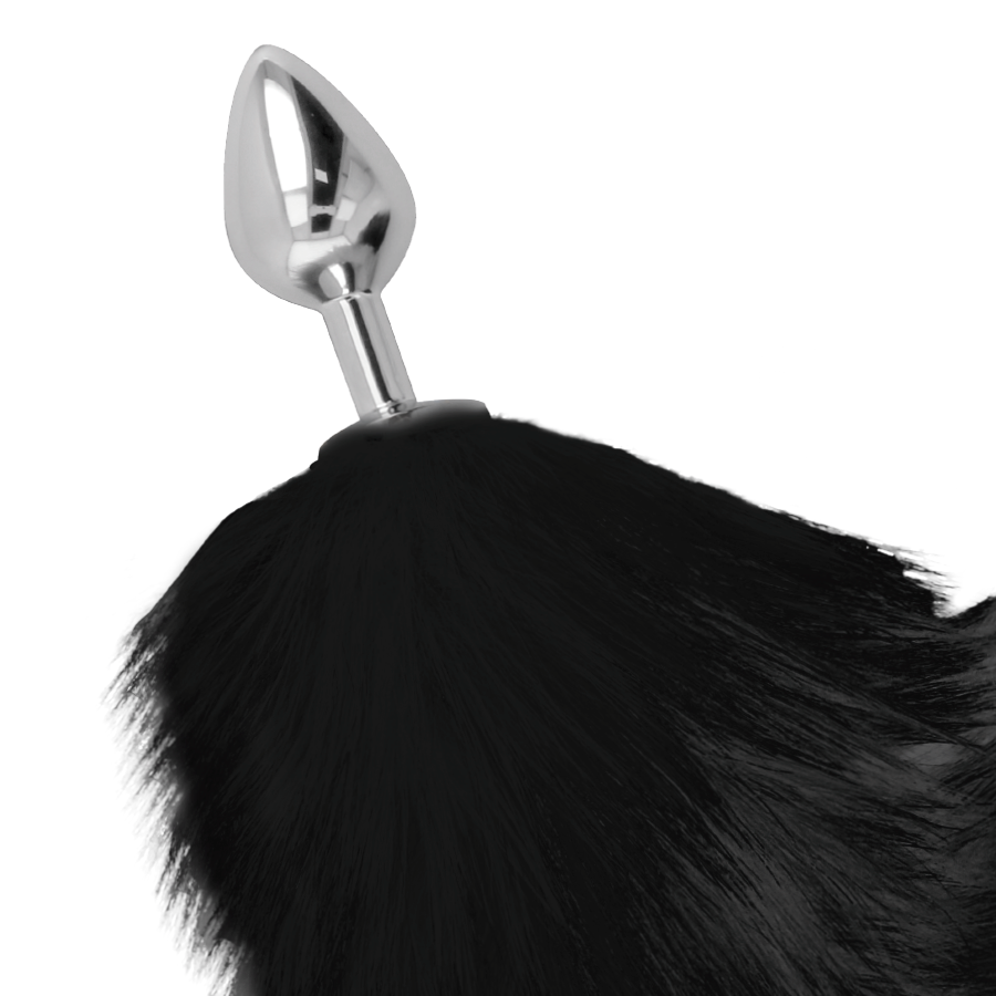 Silver Anal Plug with Black Cat Tail 8cm