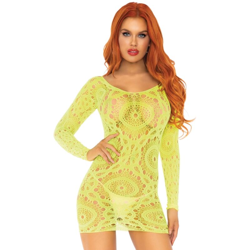 Vestido Mini Sexy em Renda de Croché Néon
