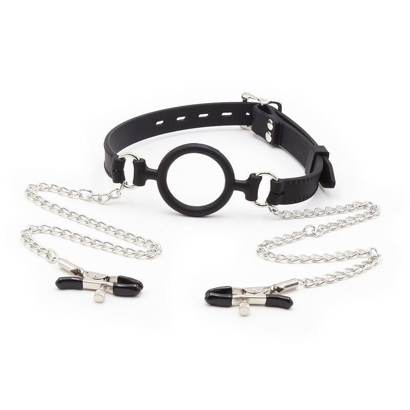 Bondage Ring Gag with Nipple Clamp Chains