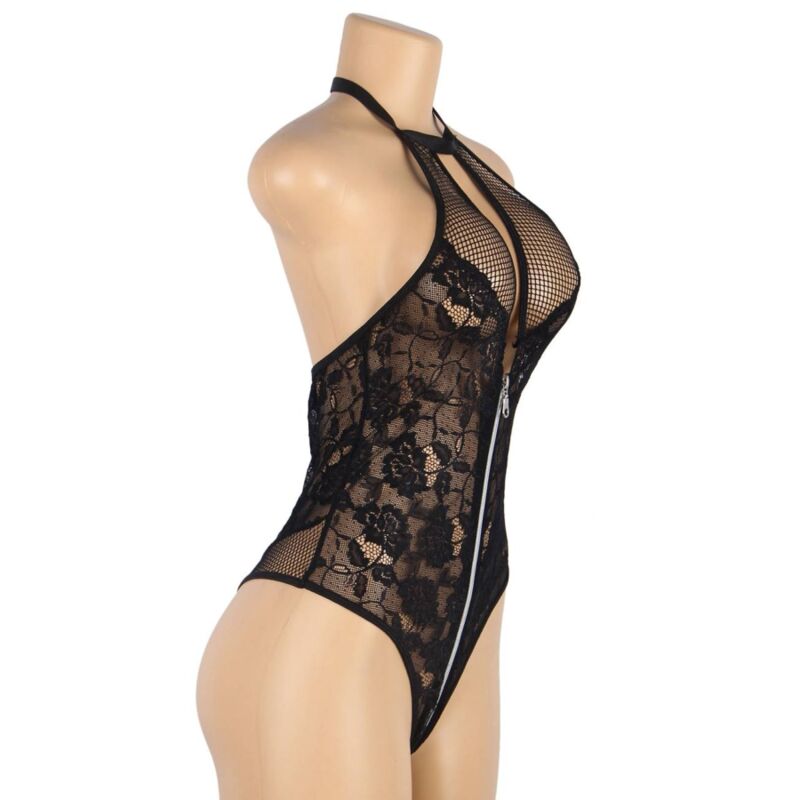 Floral Lace Teddy Lingerie with Zipper S/M