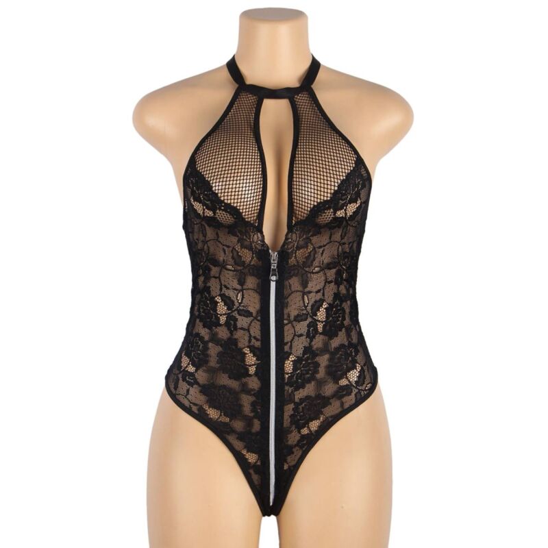 Floral Lace Teddy Lingerie with Zipper S/M