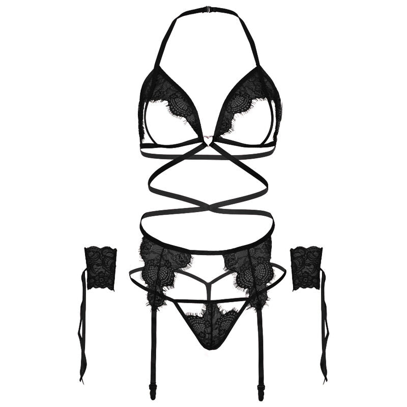 Conjunto de Lingerie Preto de 4 Peças com Algemas para Pulsos
