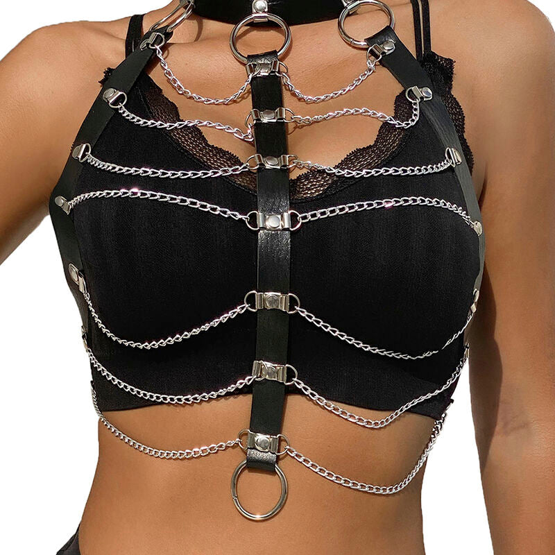 Black Leather Chest Harness with Chains