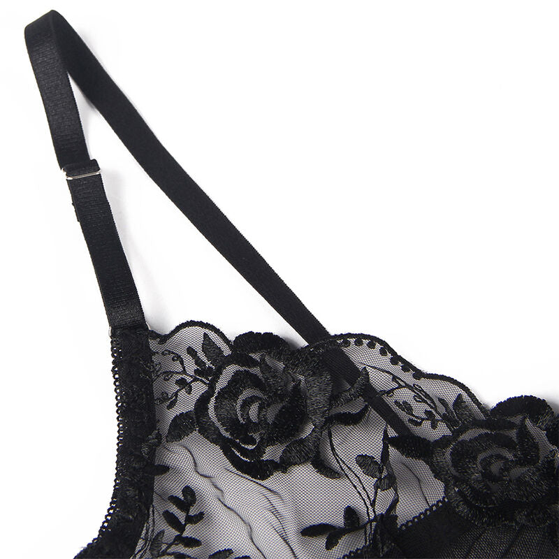 Floral Print Black Lingerie 3-Piece Set