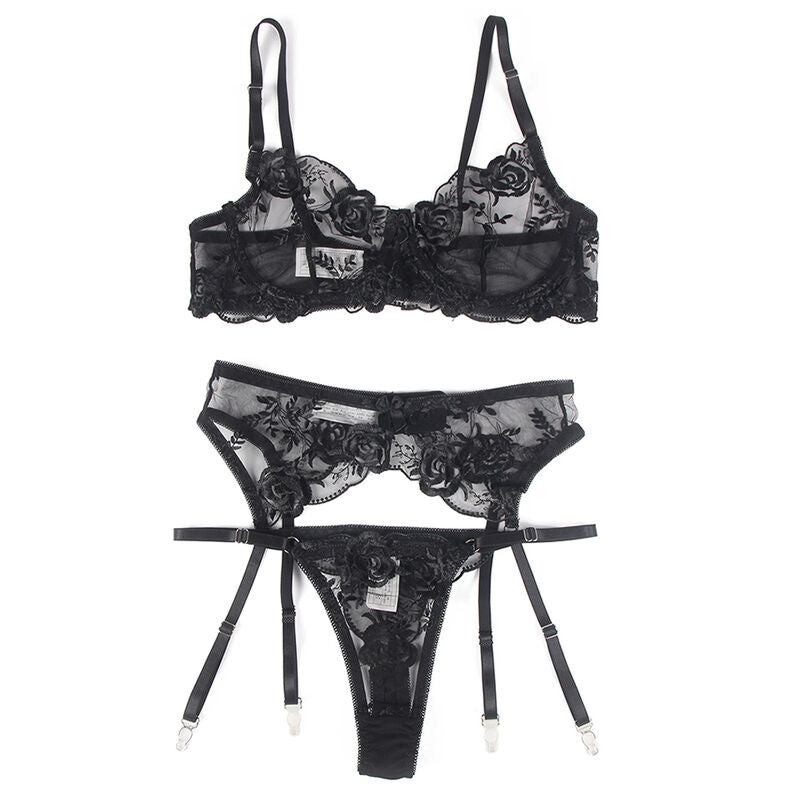 Conjunto de Lencería de 3 Piezas con Estampado Floral - Negro L/XL