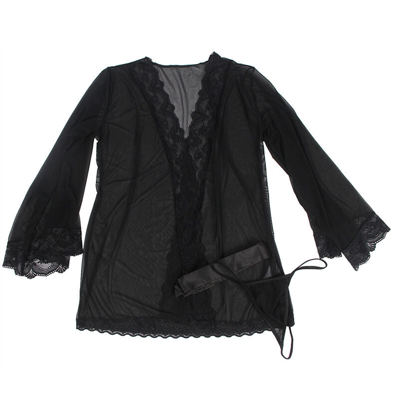 Sheer Lace-Trimmed Black Robe L/XL