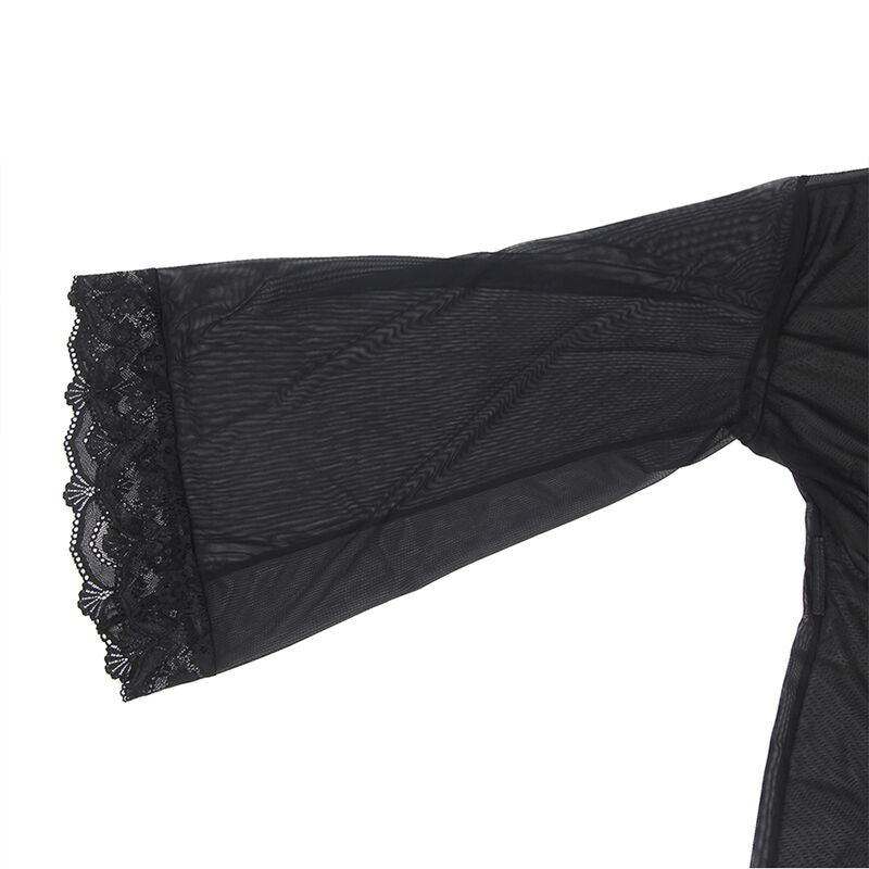 Sheer Lace-Trimmed Black Robe L/XL