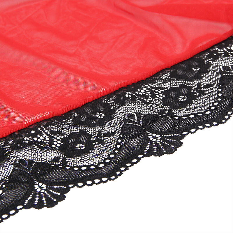 Sheer Lace Trim Robe - Red L/XL