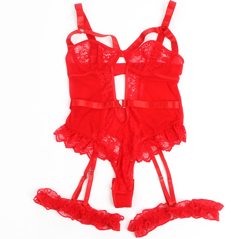 Lace Teddy with Garter Strips - Red S/M