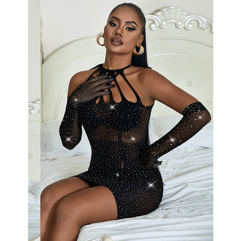 Black Rhinestone Fishnet Dress