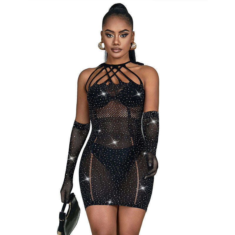 Black Rhinestone Fishnet Dress