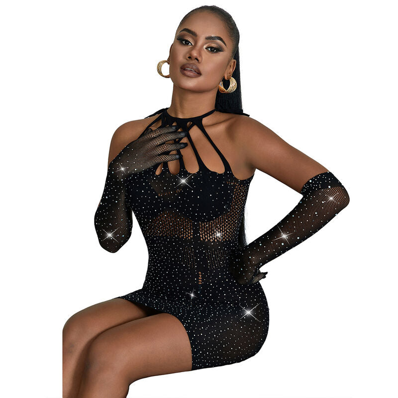 Black Rhinestone Fishnet Dress