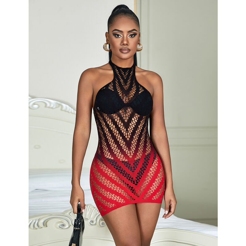 Red & Black Ombré Fishnet Dress