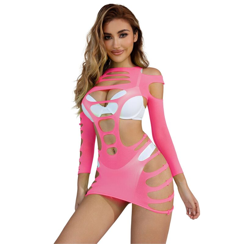 Long Sleeve Fishnet Dress - Pink