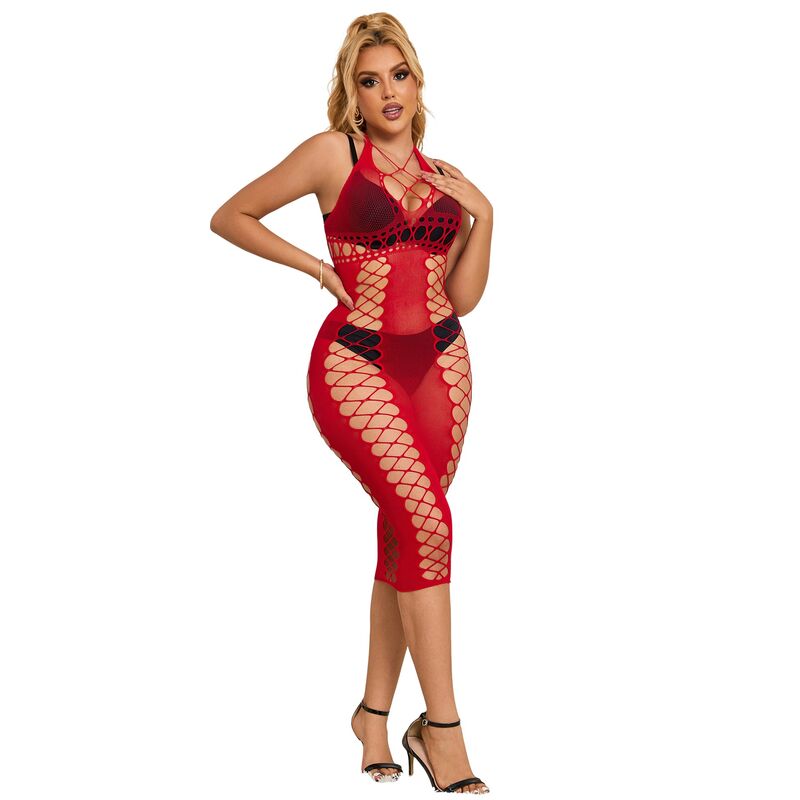 Long Red Fishnet Bodycon Dress
