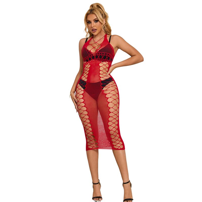 Long Red Fishnet Bodycon Dress