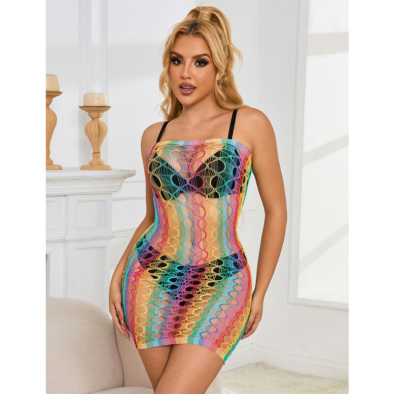 Rainbow Bare Shoulder Fishnet Dress