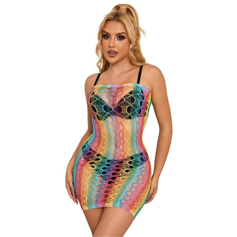 Rainbow Bare Shoulder Fishnet Dress