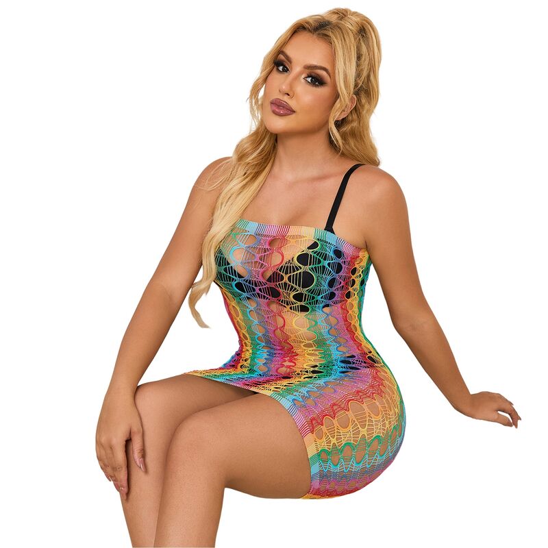 Rainbow Bare Shoulder Fishnet Dress