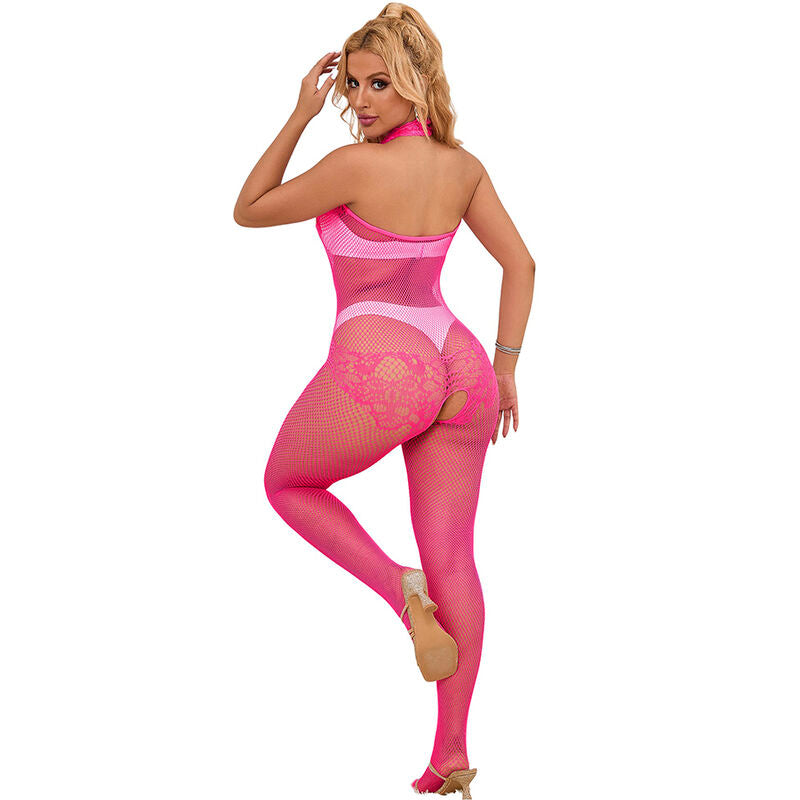 Pink Fishnet Lace Crotchless Bodystocking