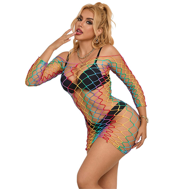 Rainbow Long Sleeve Fishnet Dress
