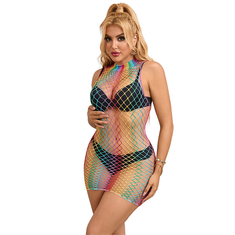 Rainbow High Neck Fishnet Dress