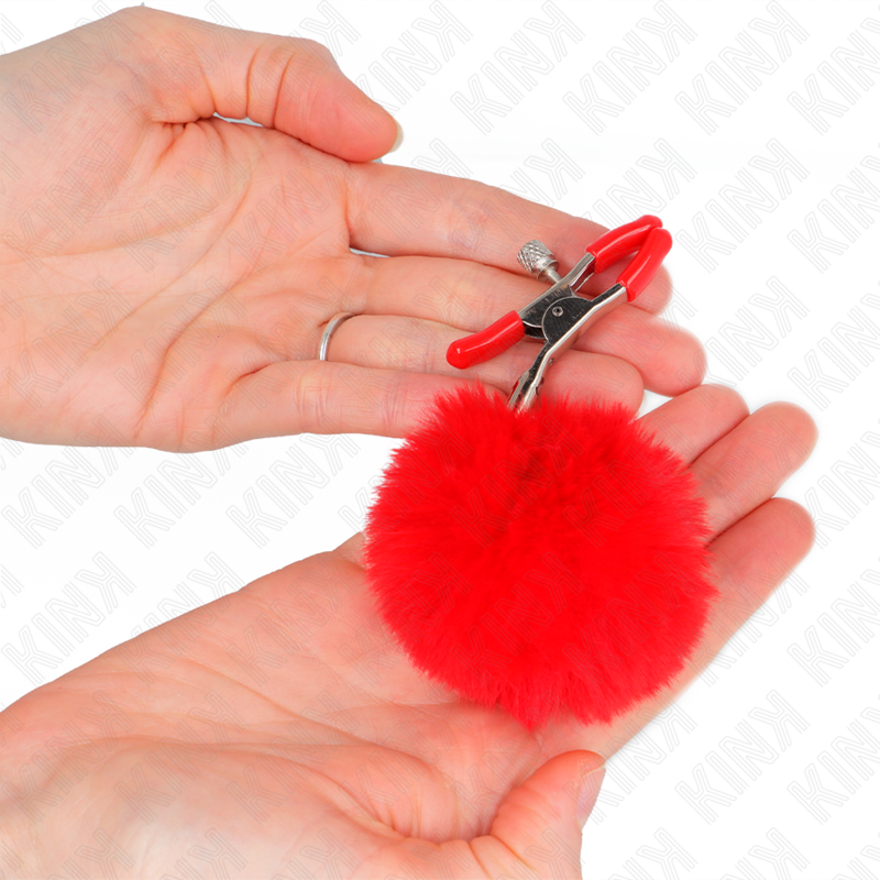 Red Faux Fur Ball Nipple Clamp 6cm