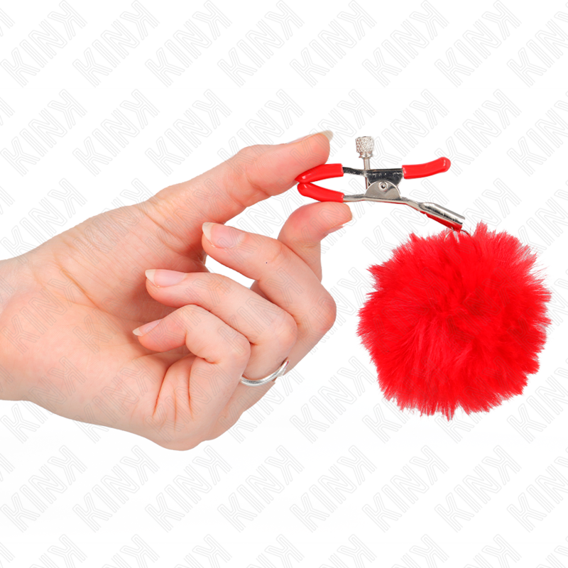 Red Faux Fur Ball Nipple Clamp 6cm