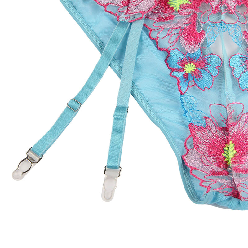 Floral Blue Bra, Panty & Garter Set L/XL