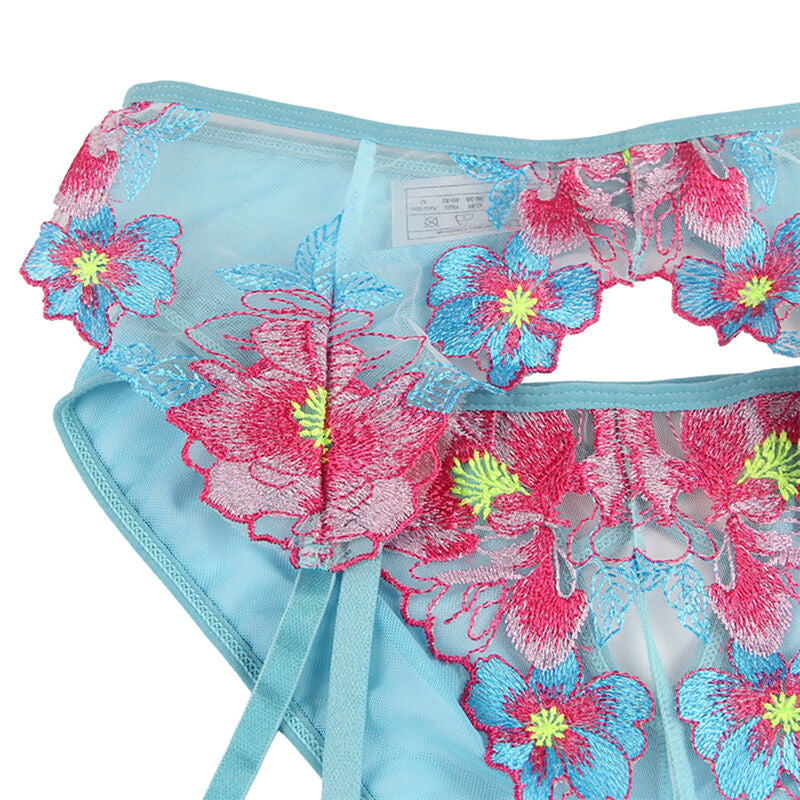 Floral Blue Bra, Panty & Garter Set L/XL