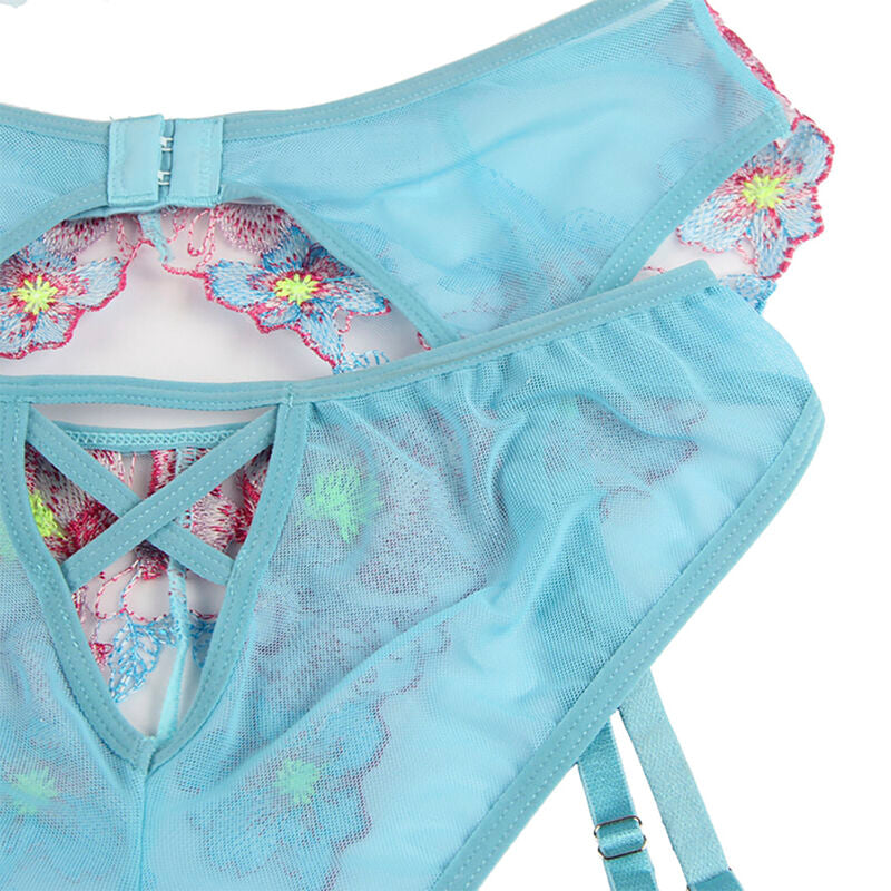 Floral Blue Bra, Panty & Garter Set L/XL