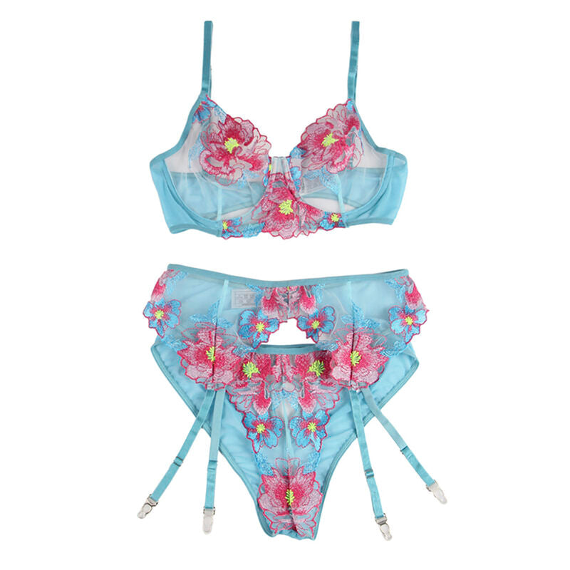 Floral Blue Bra, Panty & Garter Set L/XL