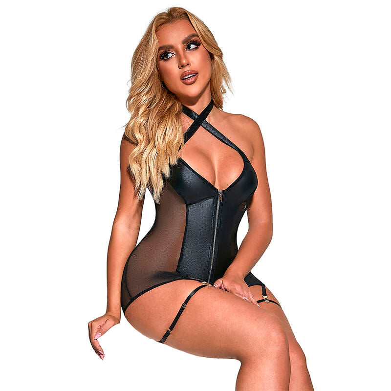 Seductive Black Mesh & Leather Dress