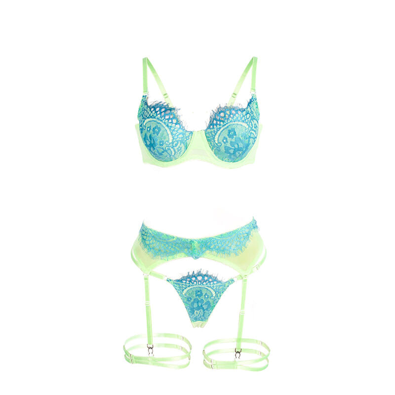 Conjunto de Sujetador de Encaje y Liguero - Verde/Azul S/M